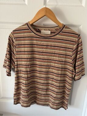 Momonì Metallic Striped Short Sleeve T-Shirt Top Earthy Retro Shimmer Size XS